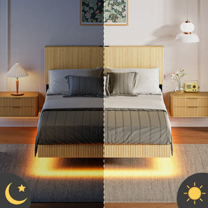 English Elm Oak Queen Floating Bed Walnut Finish Wavy Headboard Led Lighting Built in Charging W1820P407906