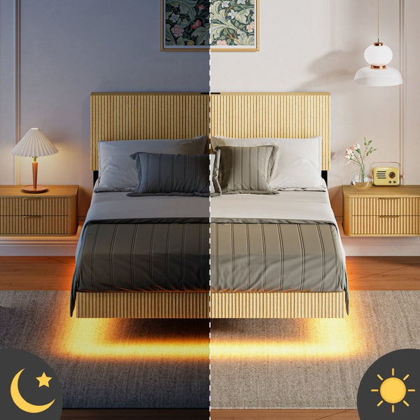 English Elm Oak Queen Floating Bed Walnut Finish Wavy Headboard Led Lighting Built in Charging W1820P407906
