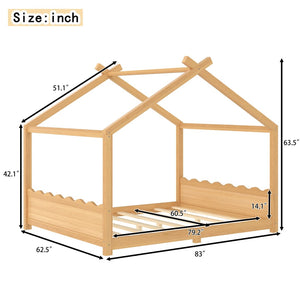 English Elm Queen House Frame Floor Bed Solid Pine Montessori Low Profile Kids Bedroom Natural W1580P387849
