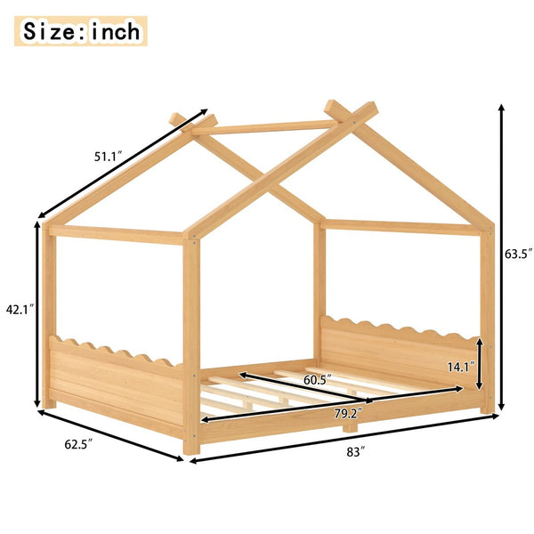 English Elm Queen House Frame Floor Bed Solid Pine Montessori Low Profile Kids Bedroom Natural W1580P387849