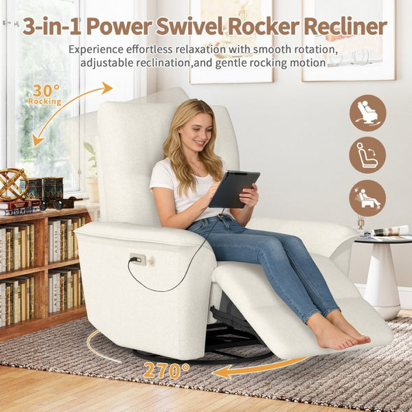 English Elm 270° Swivel Power Recliner Velvet Glider Rocker with Usb Ports for Living Room Beige W1028S00058
