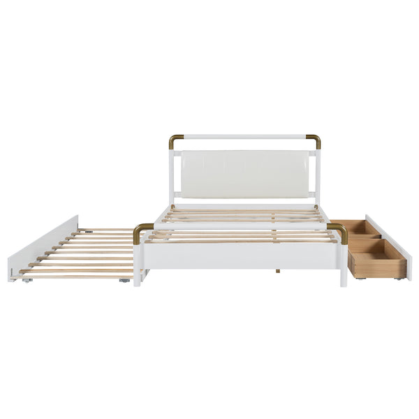 English Elm Queen Upholstered Platform Bed with Trundle & 2 Large Drawers, Padded Headboard, White/Walnut Elegance SF000190AAK