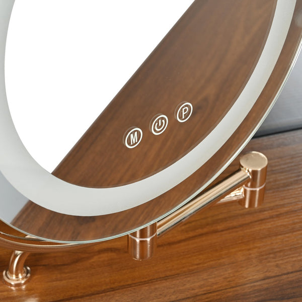 English Elm Corner Makeup Vanity Desk with 360° Rotating LED Mirror, Adjustable Brightness, L-Shaped Corner Design and Pull-Out Storage for Small Spaces Walnut N844P263663W