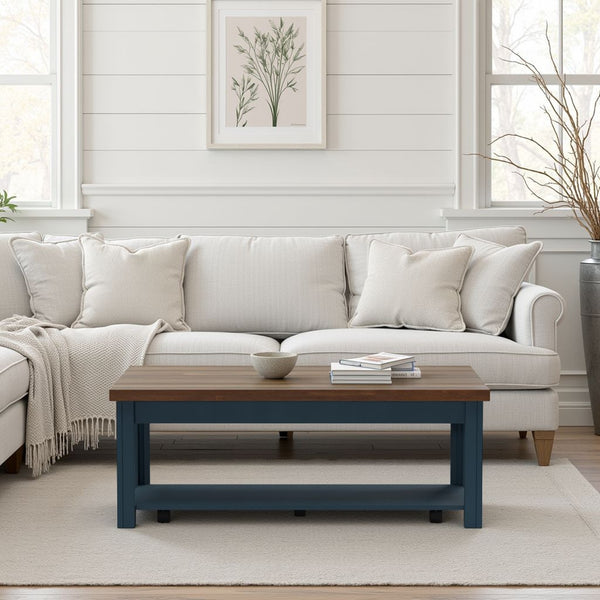 English Elm 48 inch Coffee Table Blue Denim & Whiskey Two-Tone Farmhouse Poplar Top with Shelf, Casters, Ready-to-Use B108131555