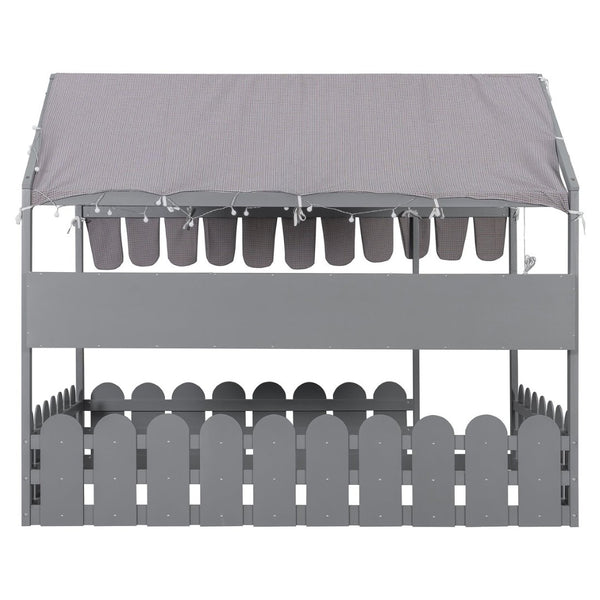 English Elm {slats Are Not Included} Twin Montessori House Floor Bed Kids Tent Lights Shelves Pinewood Frame Gray N708P407963E