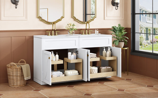 English Elm 60'' Bathroom Vanity Set With Glossy Ceramic Sink, Modern Cabinet, Gold Handles & Soft-Close Doors N710SS00005K