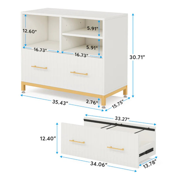 English Elm Practical Gold Frame File Cabinet with Open Shelving and Wood Tone Mdf Panels T3971P449088