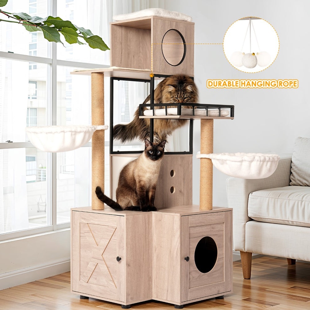 English Elm 63" Rustic Gray Cat Tower with Hidden Litter Enclosure Sisal Posts and Washable Perch W1687P304383