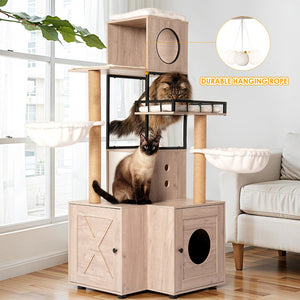 English Elm 63" Rustic Gray Cat Tower with Hidden Litter Enclosure Sisal Posts and Washable Perch W1687P304383