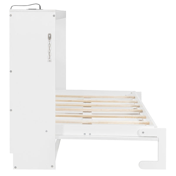 English Elm Twin-size Murphy Wall Bed with Led Lighting Usb Outlet and Decorative Printed Panel White LP000355AAK