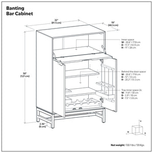 English Elm Banting Bar Cabinet Walnut Brown – Handcrafted Rubberwood & Metal Base, Wine Storage, Stemware Rack B136P362543