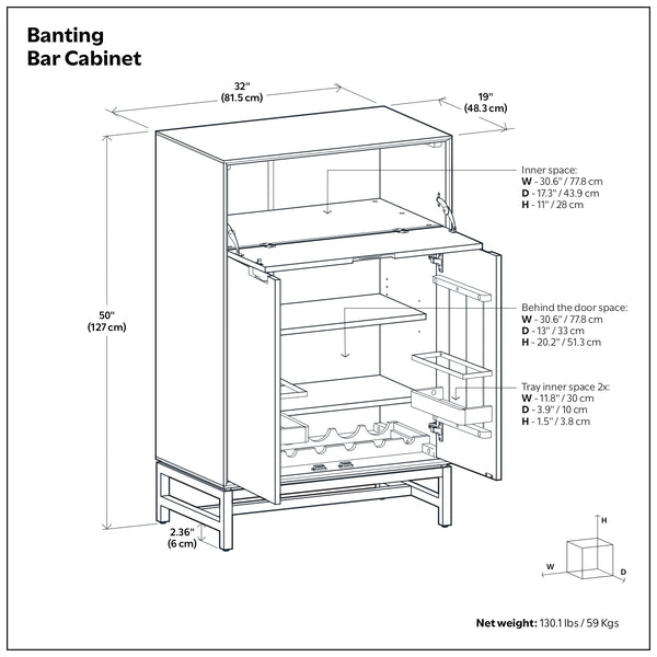 English Elm Banting Bar Cabinet Walnut Brown – Handcrafted Rubberwood & Metal Base, Wine Storage, Stemware Rack B136P362543