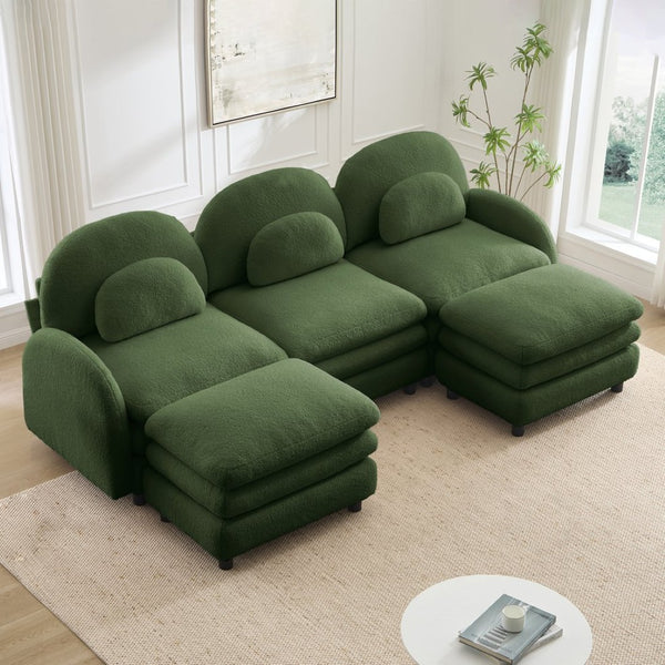 English Elm Teddy Fleece Modular Cloud Sofa Plush Three Seat Sectional with Movable Ottomans Green W5656S00086