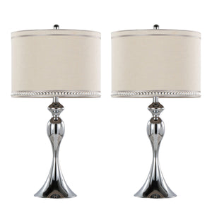 English Elm Ashland 27" Contemporary Metal Table Lamp Set of 2 in Polished Chrome with Cream Linen Drum Shades, 3-Way B202P224092