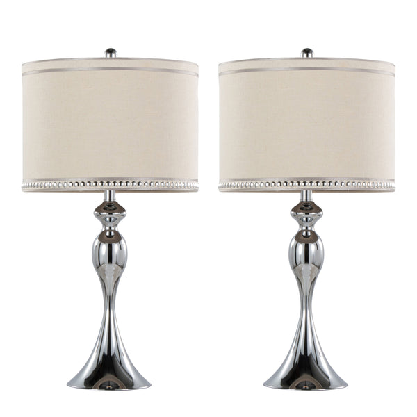 English Elm Ashland 27" Contemporary Metal Table Lamp Set of 2 in Polished Chrome with Cream Linen Drum Shades, 3-Way B202P224092