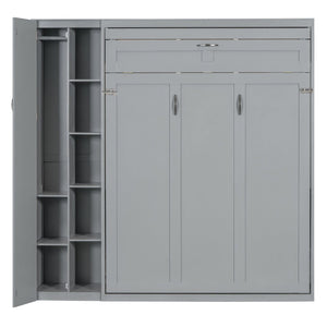 English Elm Full Size Murphy Bed with Open Shelving Wardrobe and Led Lighting for Studio Spaces Gray LP000898AAE-1