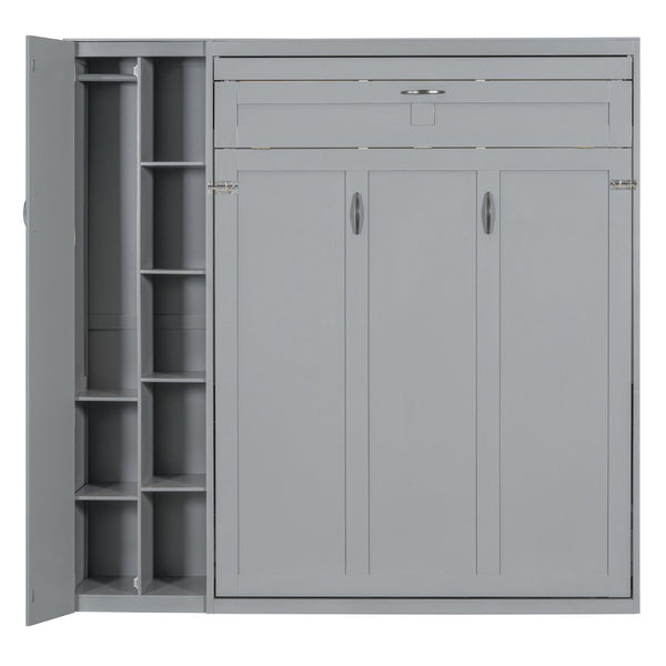 English Elm Full Size Murphy Bed with Open Shelving Wardrobe and Led Lighting for Studio Spaces Gray LP000898AAE-1