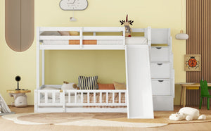 English Elm Twin Over Full Bunk Bed With Slide & Storage Staircase - Stylish Pine Bed With Safety Guardrails, White W504S00185-GIGA