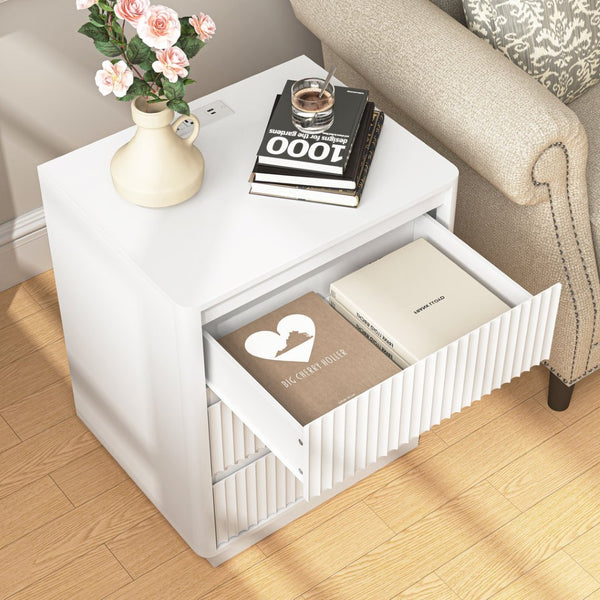 English Elm (set Set of 2 Modern End Tables with Usb-c Charging and Three Drawer Storage for Any Room White W409P414472