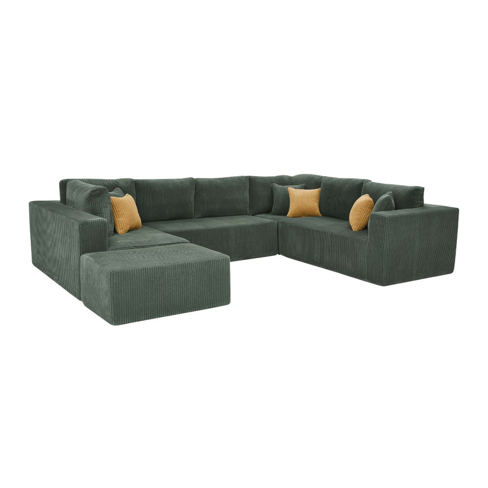 English Elm Full Corduroy Upholstered U-shaped Sectional Sofa with Moveable Ottoman Zero Assembly Dark Green B2748S00054
