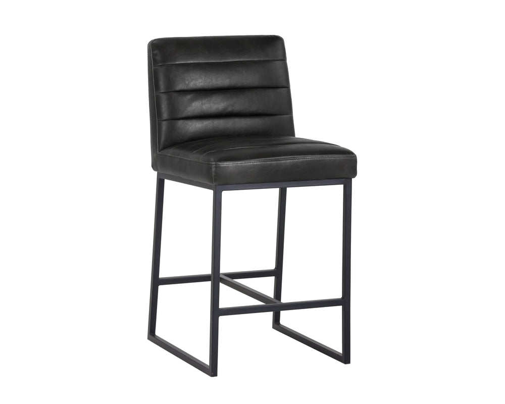 Sunpan Spyros Modern Barstool with Channel Tufting and Sleek Black Powder-Coated Steel Frame for Stylish Spaces Coal Black