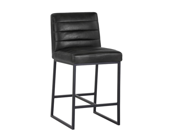 Sunpan Spyros Modern Barstool with Channel Tufting and Sleek Black Powder-Coated Steel Frame for Stylish Spaces Coal Black