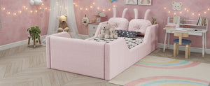 English Elm Twin Kids Platform Bed Teddy Fabric Upholstered with Bunny Cushions and Safety Rails Pink W2593P395807