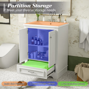 English Elm 24'' Bathroom Vanity with Ceramic Sink Combo Modern Freestanding MDF Cabinet with Soft-Close Doors and Sleek Silver Handles for Spacious Organized Bathroom Storage White N710P194893K
