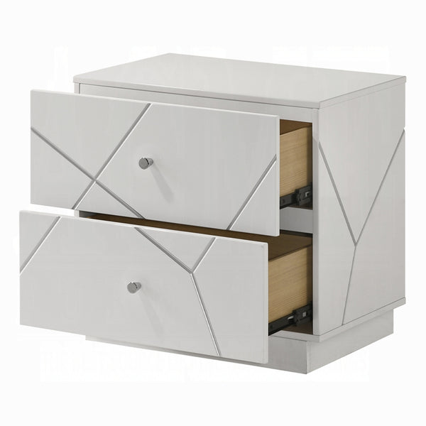 English Elm Ultra White High-Gloss Nightstand with 2 Soft-Glide Drawers, Embossed Lines & Silver Knobs, 23"W x23"H B2741P408964