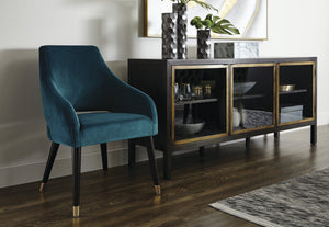 Sunpan Adelaide Dining Armchair - Modern Comfort with Elegant Sloping Arms and Antique Brass Accents Timeless Teal
