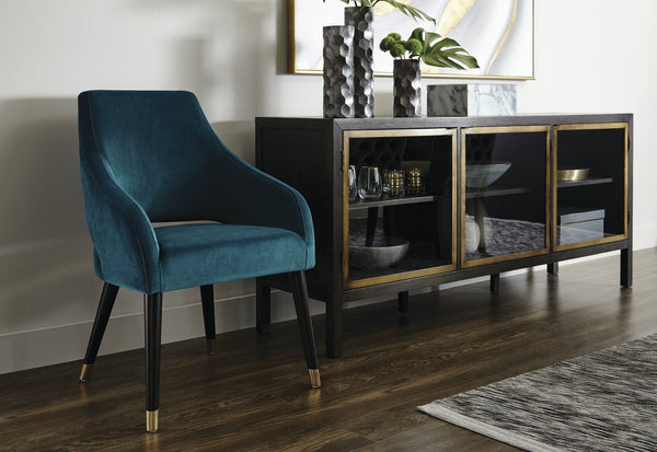 Sunpan Adelaide Dining Armchair - Modern Comfort with Elegant Sloping Arms and Antique Brass Accents Timeless Teal