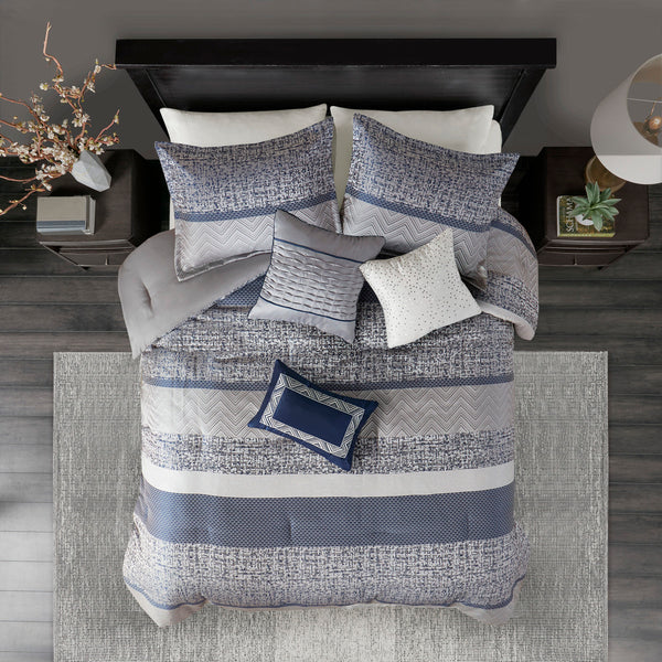 English Elm 7 Piece Jacquard Comforter Set Rhapsody Queen – Elegant Grey & Blue Stripe Design, Embroidered Pillows, Machine Washable Navy 23.62 L x 18.9 W x 16.14 H B03597213