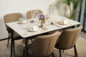 English Elm The Rock Plate Extendable Dining Table Seats 8 with Sculptural Metal Base W1911P389401