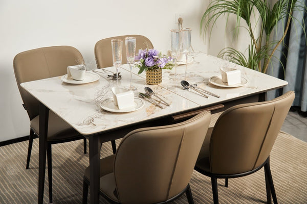 English Elm The Rock Plate Extendable Dining Table Seats 8 with Sculptural Metal Base W1911P389401
