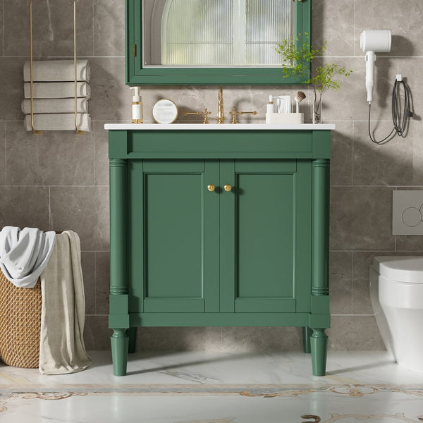 English Elm 30" French Style Bathroom Vanity with Ceramic Basin Soft Close Doors Wood Legs Green N710P415327F