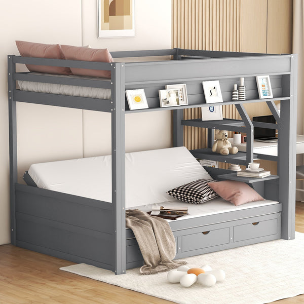 English Elm Wood Full Size Convertible Bunk Bed with Storage Staircase, Bedside Table and 3 Drawers, Gray - Space-Saving, Durable Design SM000335AAE