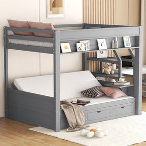 English Elm Wood Full Size Convertible Bunk Bed with Staircase Storage, Bedside Table and 3 Large Drawers, Durable Pine Finish Gray GX000335AAE-1