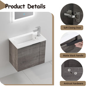 English Elm Bathroom Vanity Ceramic Sink 22" Floating Wall-Mount Vanity with Matte Black Handle and Soft Close Door Plaid Grey Oak W99968776