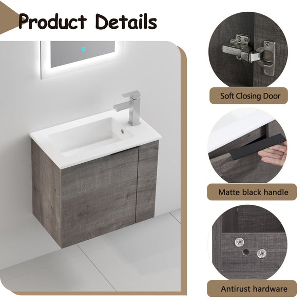 English Elm Bathroom Vanity Ceramic Sink 22" Floating Wall-Mount Vanity with Matte Black Handle and Soft Close Door Plaid Grey Oak W99968776