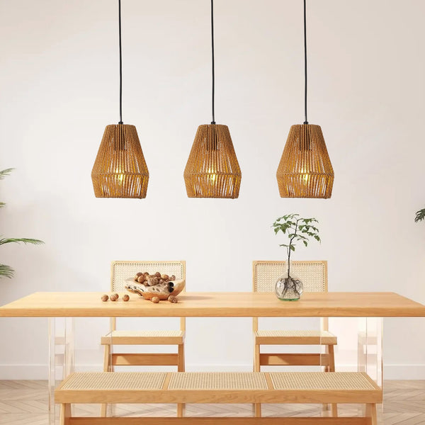 English Elm 7" Rustic Hemp Rope Pendant Light Set of 3 - Handcrafted Farmhouse Ceiling Lamps, Adjustable Height, Natural Woven Iron Fixture for Kitchen Island, Dining Room, Living Room W2312P368682