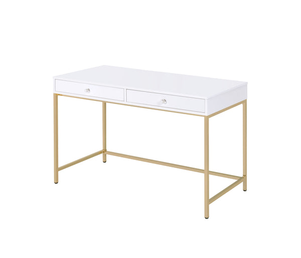English Elm Ottey Gloss White Vanity Desk with Gold Metal Legs, 2 Drawers, High-Gloss MDF Top, Contemporary Design B2726P315732