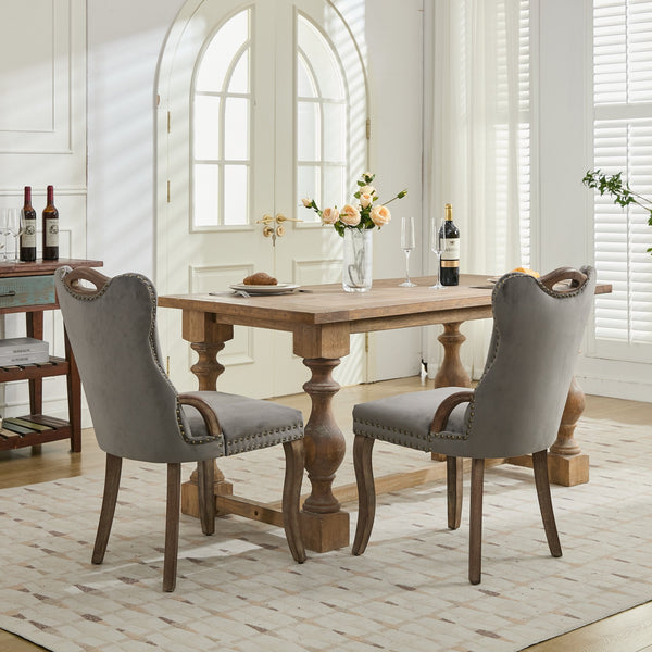 English Elm Velvet Upholstered Dining Chair with Handmade Tufting, Solid Wood Handles, Copper Nail Trim, Set of 2 Gray W1143P338141