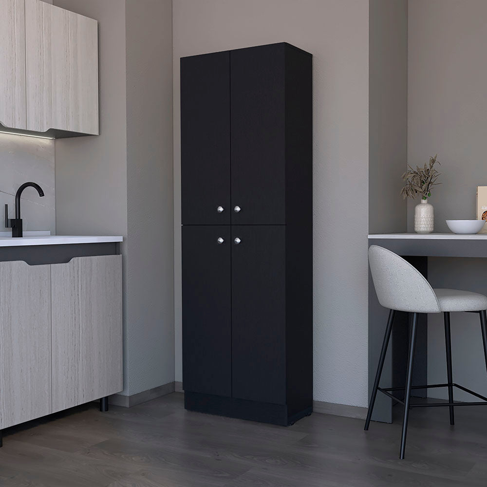 English Elm Pantry Coahoma Black Engineered Wood Cabinet with Four Doors, Ample Shelves & Metal Handles - Durable Storage B092P191182