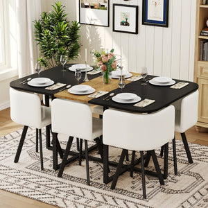 English Elm 7-piece Rectangular Dining Set Seats 6 with Faux Leather Chairs and Melamine Top Black,White,Wood W3875S00104