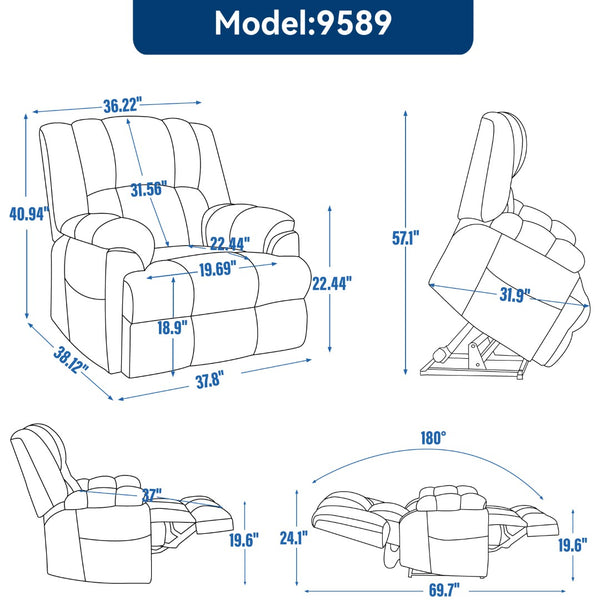 English Elm Dual Motor Power Lift Recliner Chenille Chair with Massage Heat and Infinite Positions Brown W3224P288490