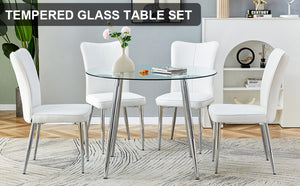 English Elm Table And Chair Set - Modern 38.6" Round Glass Dining Table With 4 Stylish White Pu Chairs, Silver Legs W1151S03822-GIGA