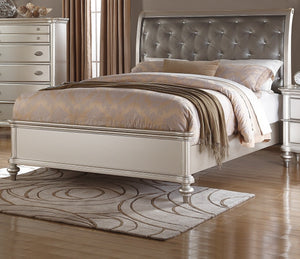 English Elm Silver Glamorous Faux Leather 3pc Queen Bedroom Set with Tufted Crystal Headboard and Nailtrim Champagne,Silver 84 L x 42 W x 8 H B011S01839