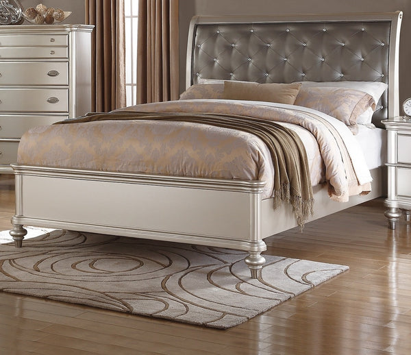 English Elm Silver Glamorous Faux Leather 3pc Queen Bedroom Set with Tufted Crystal Headboard and Nailtrim Champagne,Silver 84 L x 42 W x 8 H B011S01839