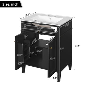 English Elm 24" Bathroom Vanity with Ceramic Basin, French-Inspired Accent Carvings, Soft-Close Doors & Storage Black N710P293309B