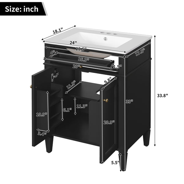 English Elm 24" Bathroom Vanity with Ceramic Basin, French-Inspired Accent Carvings, Soft-Close Doors & Storage Black N710P293309B